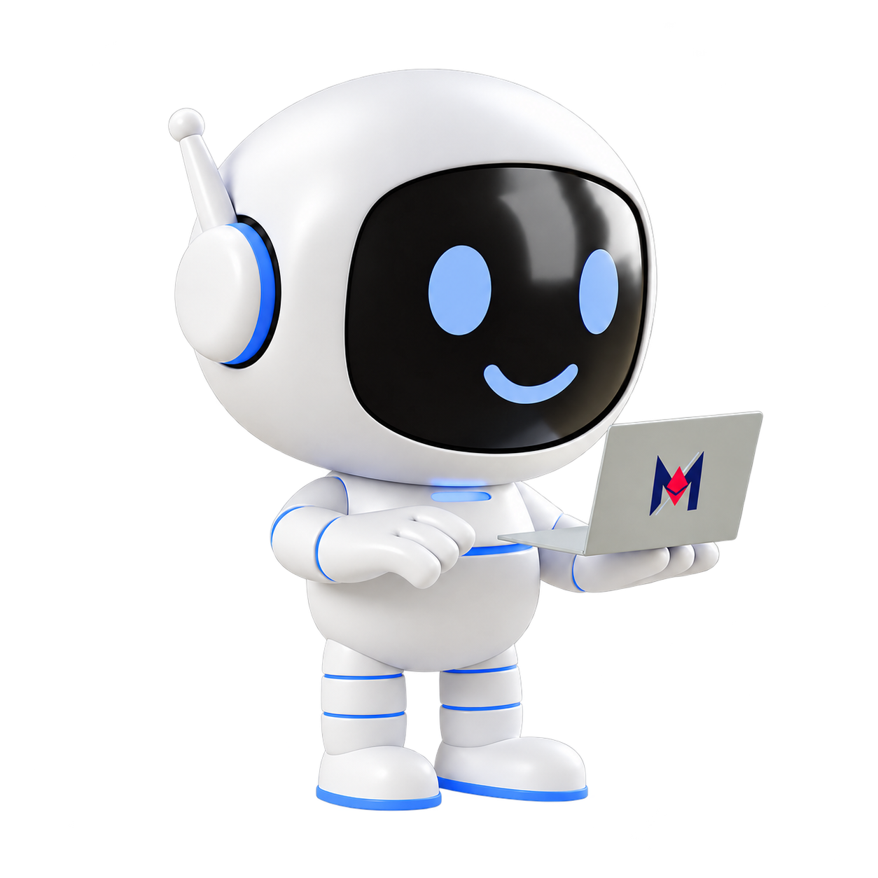 MyCRM Bot holding a laptop